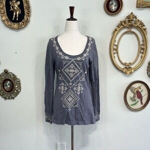 JW Los Angeles Johnny Was Embroidered Long Sleeve Tee Shirt Gray M